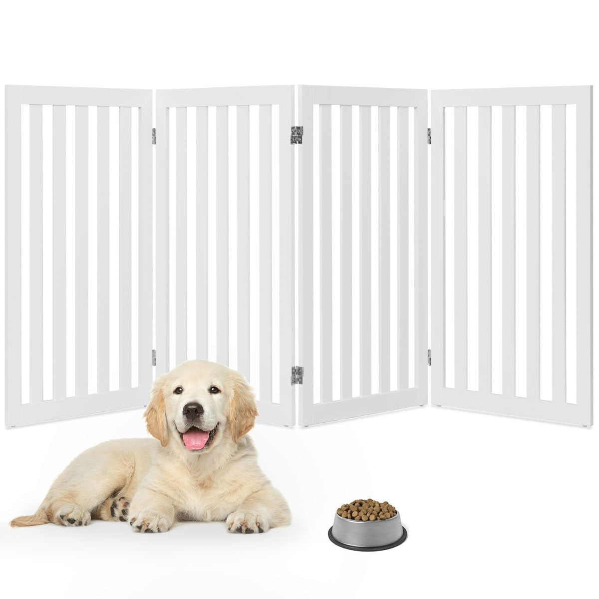 Folding 4-Panel Dog Gate Pet Fence in White Wood Finish-0